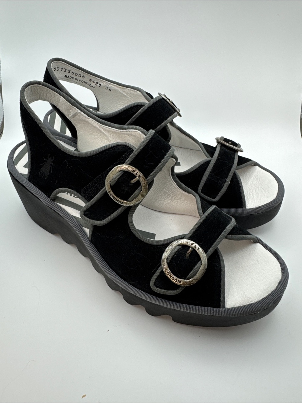Fly London Bara Sandals Suede Black Adjustable Strap EU 38 US 8